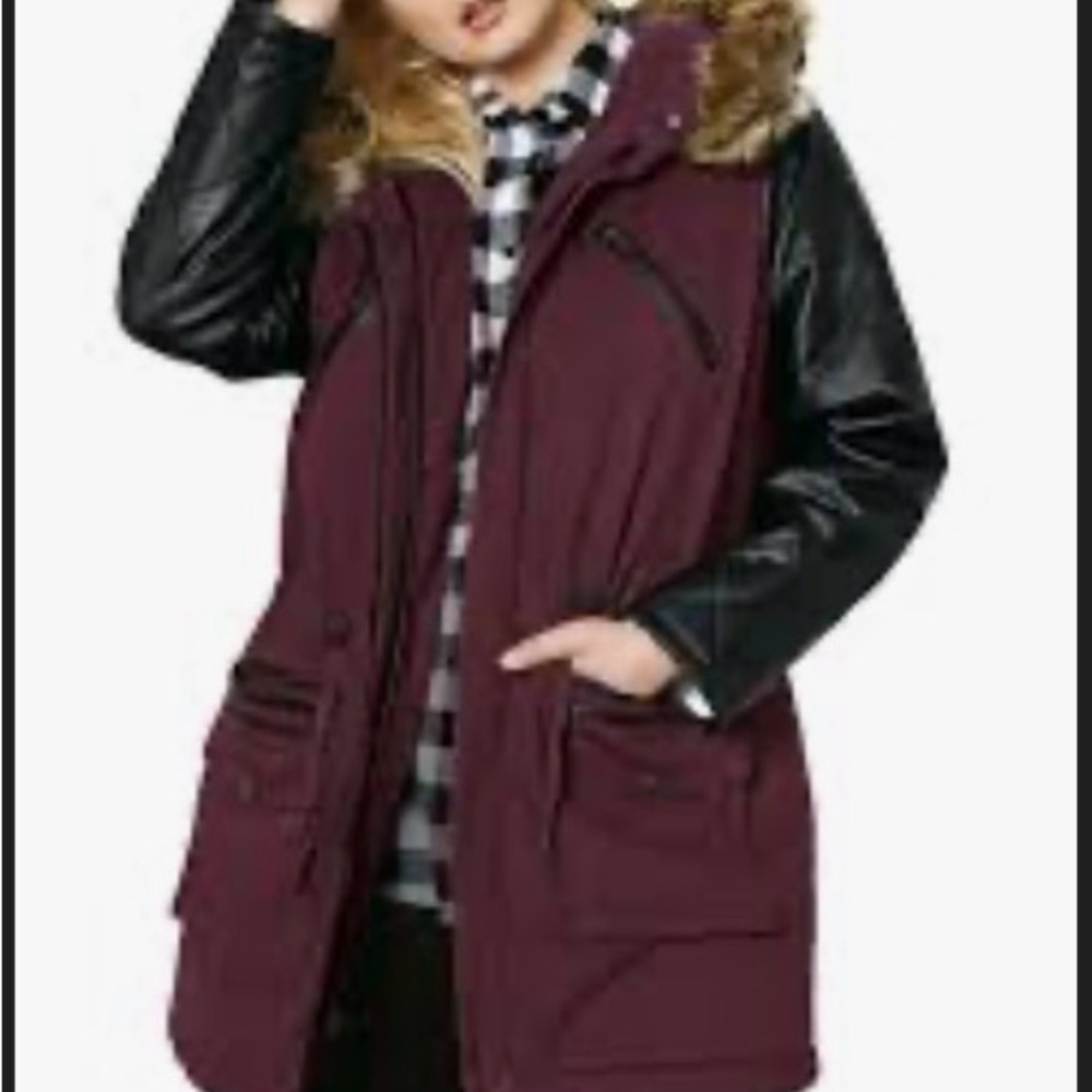 ‘Ellos’ Leather Trimmed Burgundy and Black Coat (Plus)